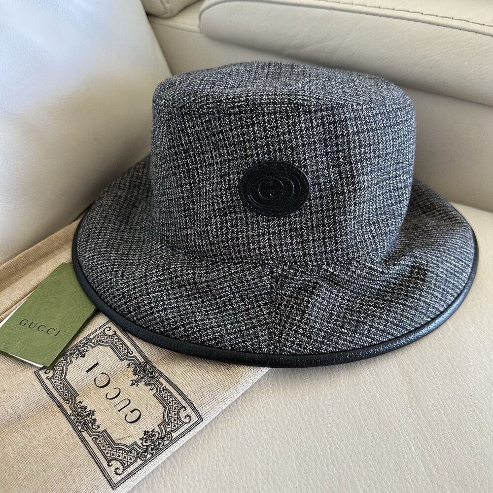 NWT Gucci New Bob Double Drap Grey Black GG Bucket Hat size M 58 Cm reversible